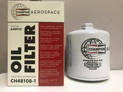 Champion, Aircraft Oil Filter, p/n CH48108-1 w/ FAA-PMA 8130 certificate