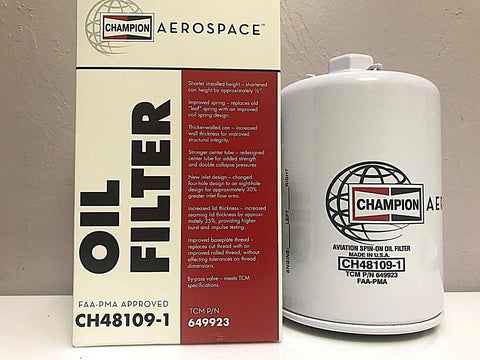 Champion, Aircraft Oil Filter, p/n CH48109-1 w/ FAA-PMA 8130 Certificate
