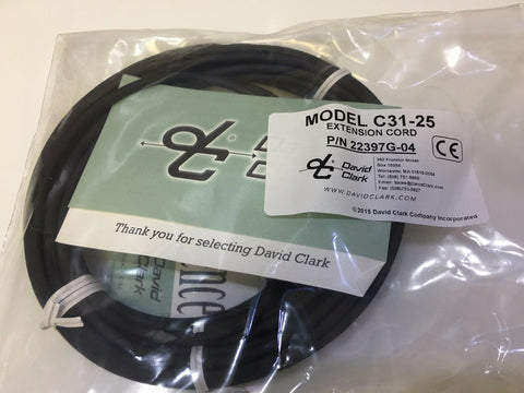 David Clark, Straight Headset Extension Cord, 25 ft.,  Model C31-25, p/n 22397G-04